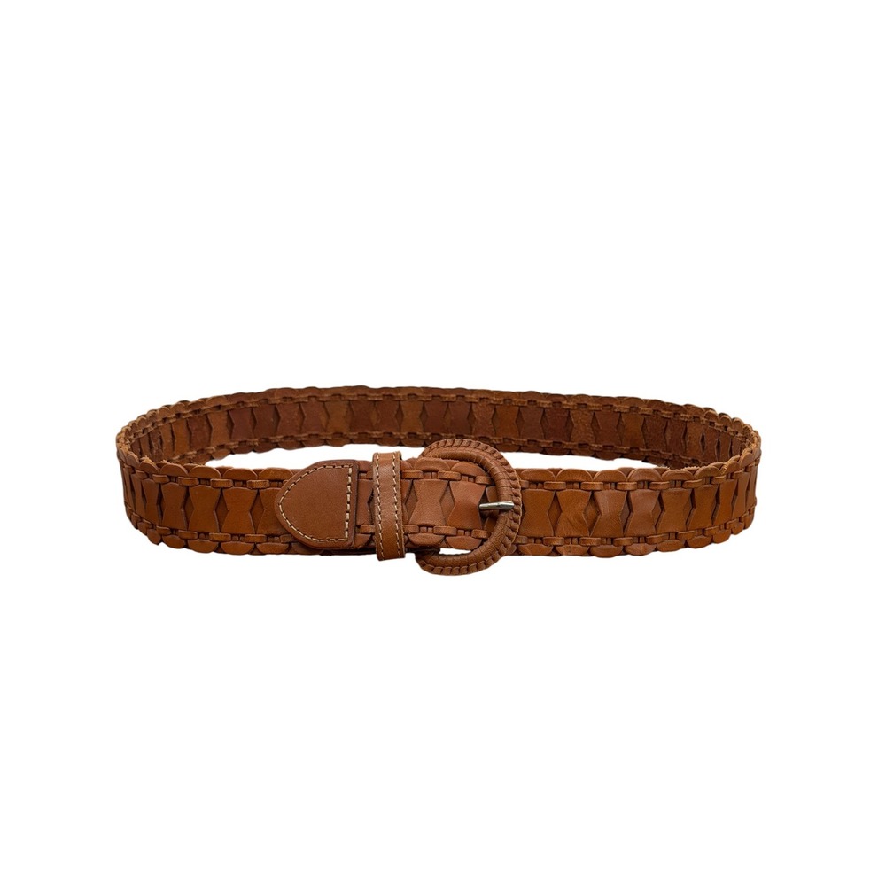 Fossil Leather Belt Womens SZ M Brown Western Boho Woven Covered Buckle Cottage